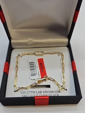 14KT Gold Over Sterling Silver Paperclip Link Bracelet Diamond NWT 8" Long Italy